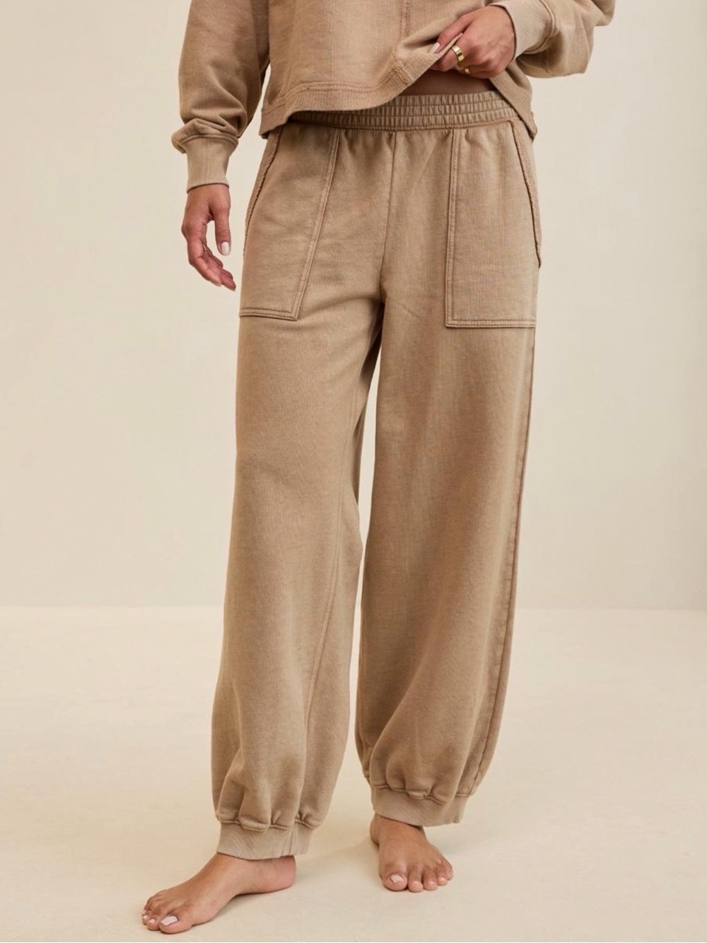 Aerie Vacay Ribbed Joggers in Toasted Almond Color